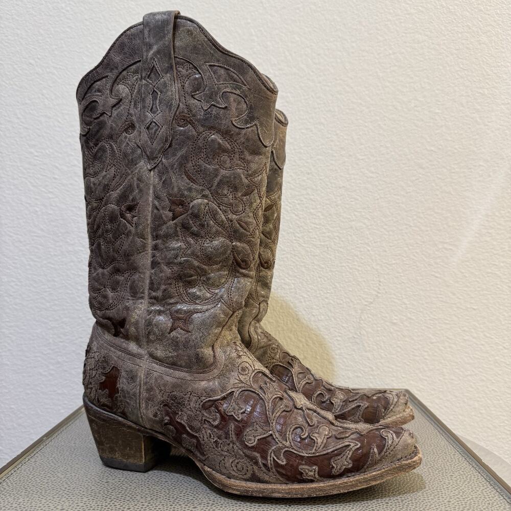 Corral Vintage Snip Toe Boots Womens Size 9 M Distressed Scrolled Caiman Inlay